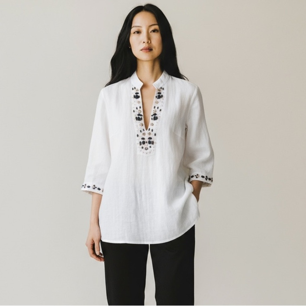SHARON YOUNG - JEWELED - V NECKLINE - 3/4 SLEEVES LINEN BOHO‎ BEADED BLOUSE B14